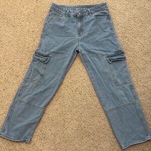Wide-legged Cargo-style Blue Jeans